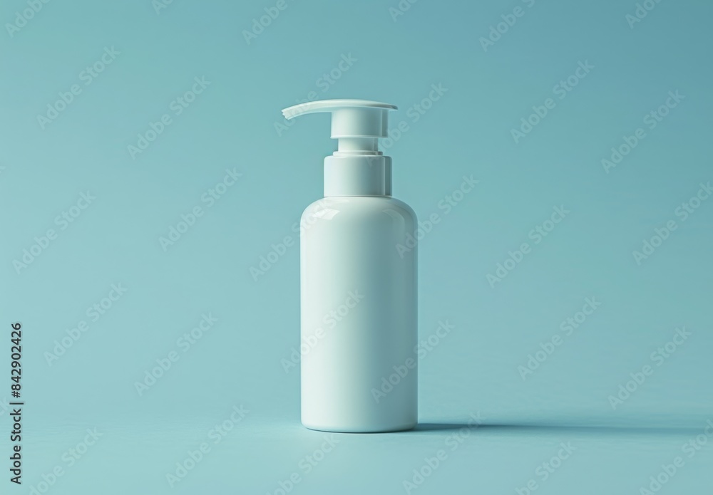 A high-resolution photo of a blank white cosmetic bottle with a pump dispenser, standing upright on a clean, minimalistic background A high-resolution photo of a blank white cosmetic bottle with a pump dispenser, standing upright on a clean, minimalistic background