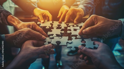Concept of teamwork and partnership. Hands join puzzle pieces in the office. business. Generative Ai