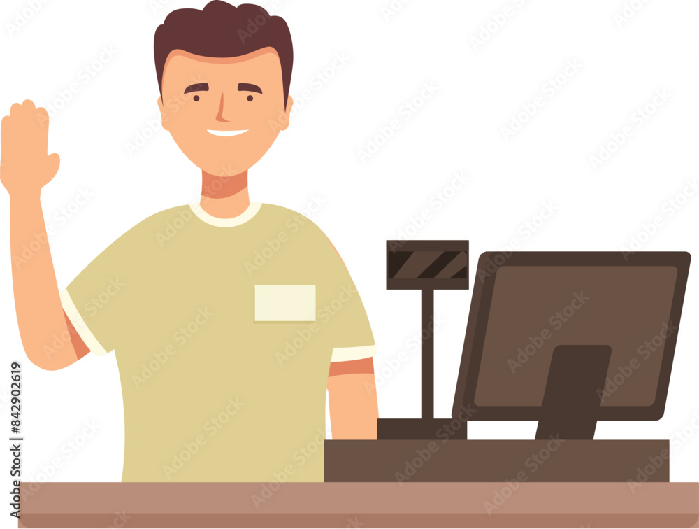 Smiling male cashier waving at the checkout counter of a grocery store Smiling male cashier waving at the checkout counter of a grocery store