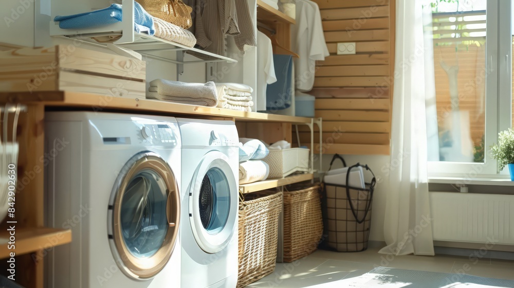 A well-organized laundry room with high-efficiency washer and dryer, and plenty of storage space. A well-organized laundry room with high-efficiency washer and dryer, and plenty of storage space.