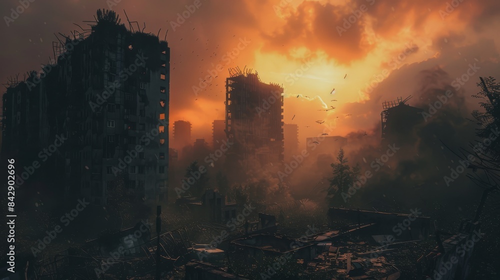 Fototapeta premium A desolate cityscape with a sunset in the background