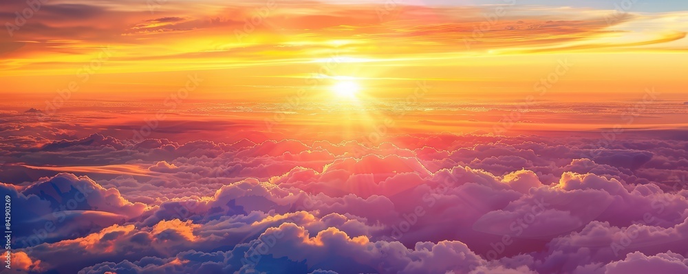 Fototapeta premium A breathtaking sunrise above the clouds, with brilliant colors painting the sky in hues of orange, pink, and purple.