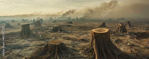 A barren landscape with tree stumps and smoke, showcasing the aftermath of deforestation and environmental destruction.