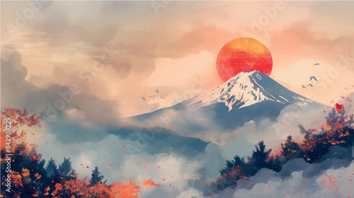 traditional japanese watercolor painting of fujiyama mountain, misty landscape, vector illustration