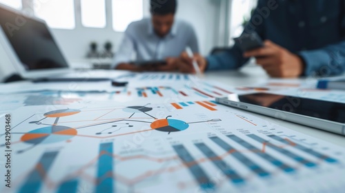 business documents on office table with smart phone and digital tablet and graph. Generative Ai
