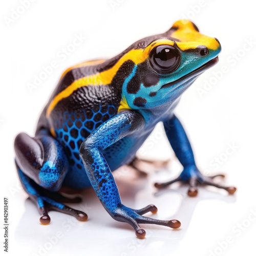 A Vibrant Blue And Yellow Poison Dart Frog On A White Background. Generative AI