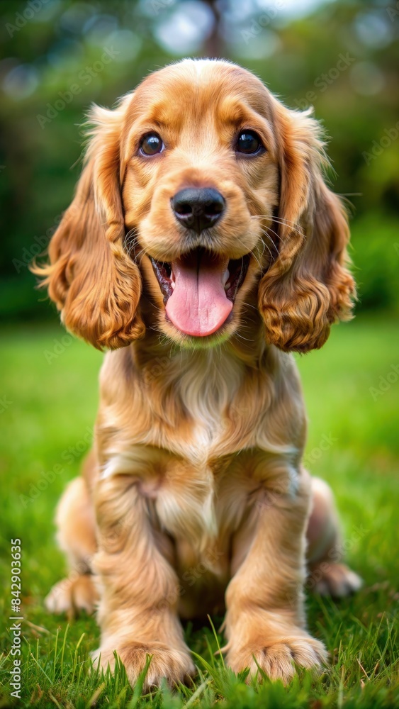 Happy English Cocker Spaniel Puppy Sitting in Grass on a Sunny Day. Generative AI Happy English Cocker Spaniel Puppy Sitting in Grass on a Sunny Day. Generative AI