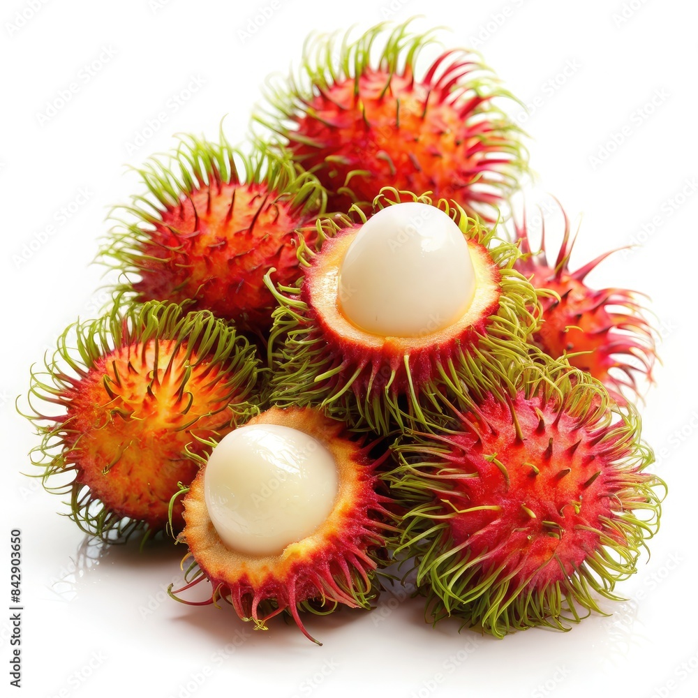 Close-Up of Ripe Rambutan Fruit on White Background. Generative AI Close-Up of Ripe Rambutan Fruit on White Background. Generative AI