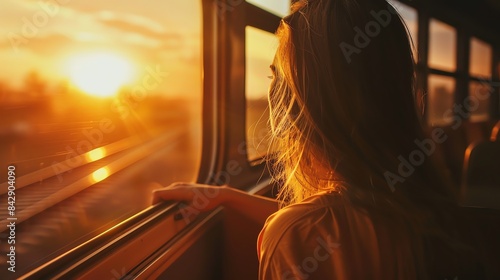 A woman gazes out of a train window during a sunset, capturing the serene and reflective moment of travel and the beauty of the evening light.