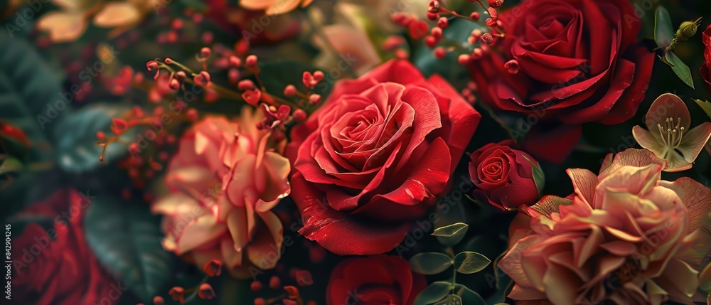 A stunning bouquet of red and peach roses, beautifully arranged with delicate greenery and small red berries, creating a romantic floral display. A stunning bouquet of red and peach roses, beautifully arranged with delicate greenery and small red berries, creating a romantic floral display.