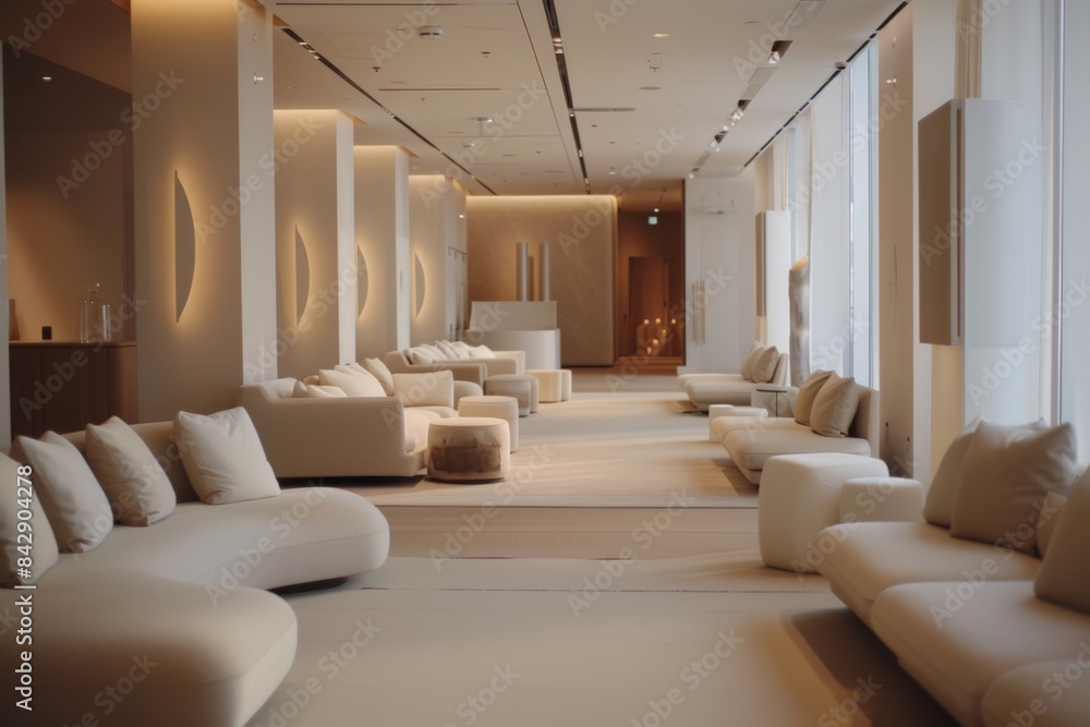 Fototapeta premium Stylish lounge area with white furniture and modern decor.