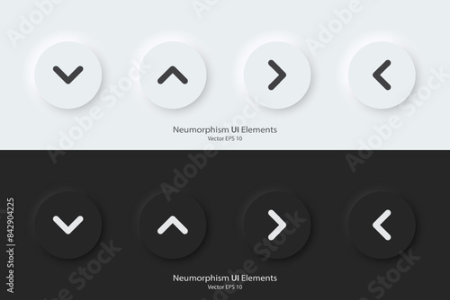 Direction sign. A set of black and white round buttons with direction symbols. The arrow up, down, right, left icon. 3D Neumorphism design style for Apps, Websites, Interfaces, and mobile apps. UI UX.