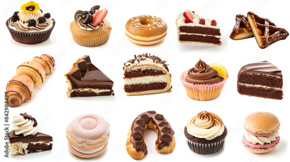 Assorted desserts including cakes, donuts, and cupcakes on white background Assorted desserts including cakes, donuts, and cupcakes on white background