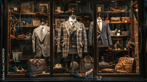Classic Men's Store Display with Vintage Suit and Surrounding Timeless Fashion Pieces