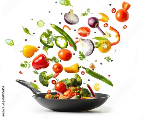 Cooking fresh vegetables in flying pan on white background isolated for healthy and delicious meal concept