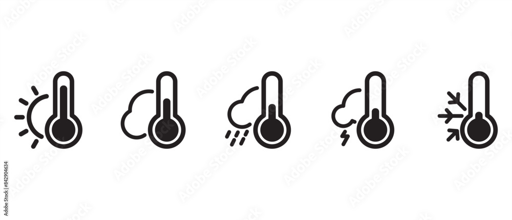 Thermometer vector icon set. Weather temperature icon. Thermometer icon flat design includes hot weather, cloudy, rainy, lightning and snow, vector illustration in transparent background. Eps10 Thermometer vector icon set. Weather temperature icon. Thermometer icon flat design includes hot weather, cloudy, rainy, lightning and snow, vector illustration in transparent background. Eps10