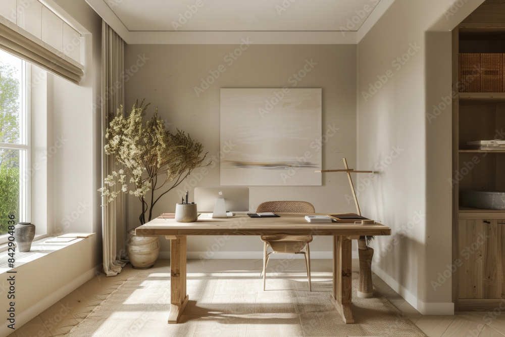 Fototapeta premium Cozy home office with natural light and green plants.