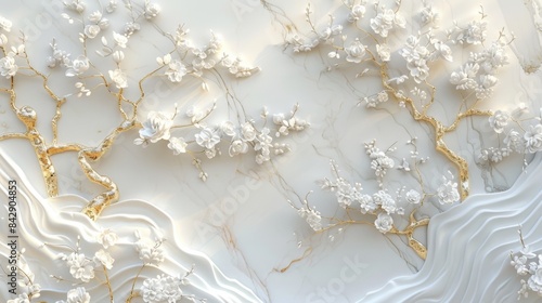 Elegant Floral Tree with White Blossoms and Golden Branches, Generative AI