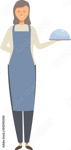Friendly waitress is holding a covered serving tray, ready to serve customers