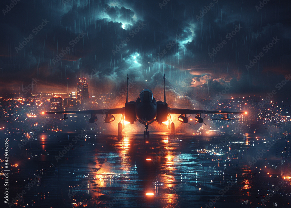 Illustration of a military aircraft. A military aircraft with full armament.