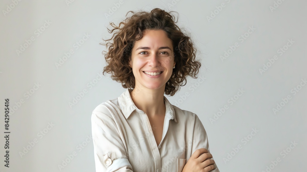 Obraz premium Smiling woman with curly hair, arms confidently crossed, simple white background, casual look, isolated, cheerful and confident, copy space