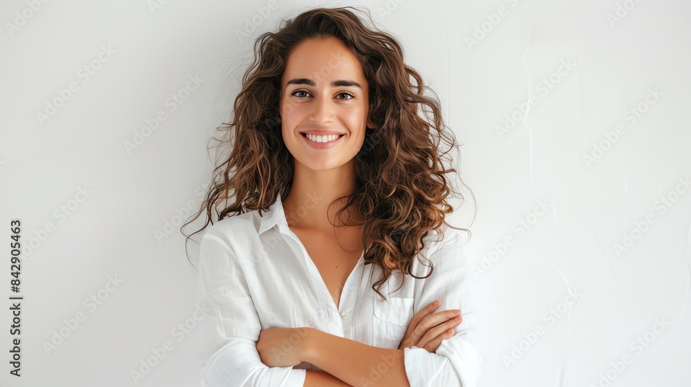 Confident woman with curly hair, smiling brightly, standing with arms crossed, plain white background, casual white shirt, isolated, natural beauty and confidence, copy space Confident woman with curly hair, smiling brightly, standing with arms crossed, plain white background, casual white shirt, isolated, natural beauty and confidence, copy space