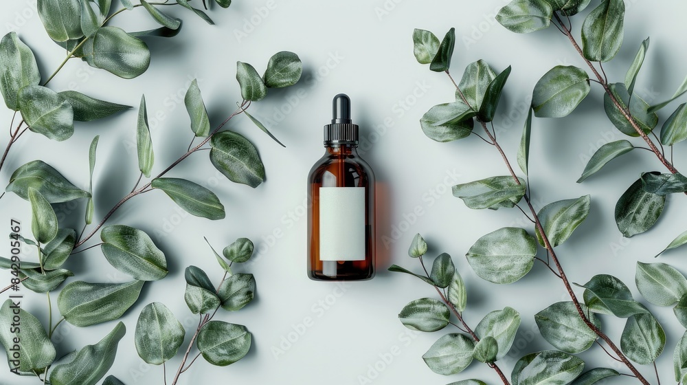 Cosmetic Product Mockup: Brown Glass Bottle with Blank Label and Eucalyptus on White Background, Large Copy Space Cosmetic Product Mockup: Brown Glass Bottle with Blank Label and Eucalyptus on White Background, Large Copy Space