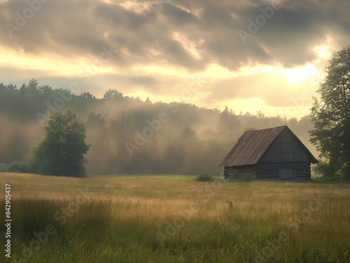 A rustic wooden cabin sits in a misty field at sunrise  surrounded by trees and tall grass  under a cloudy sky.