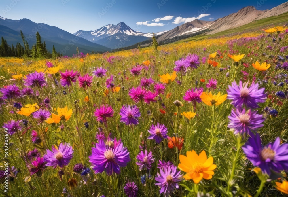 Obraz premium vibrant wildflower meadow distant mountain view, flowers, field, landscape, mountains, blooming, colorful, wildflowers, grassy, scenic, vista, scenery, floral