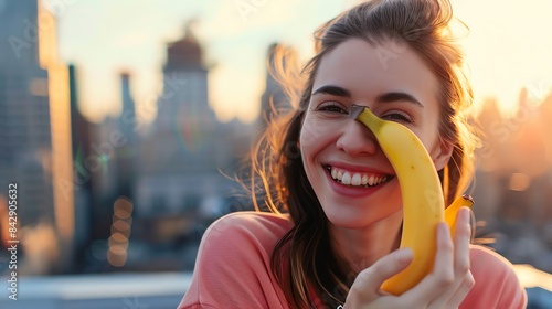 Woman enjoying a sunset on a rooftop while playfully holding a banana, with an urban skyline in the background and a bright smile. photo