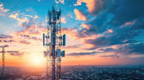 Modern Cell Tower Against Vibrant Sunset Sky