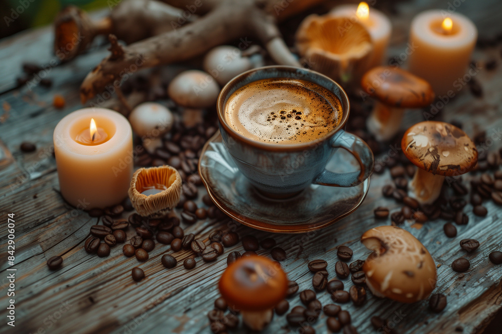 A serene, rustic coffee scene featuring a blue cup of steaming coffee surrounded by scattered coffee beans, mushrooms, and lit candles on a weathered wooden table A serene, rustic coffee scene featuring a blue cup of steaming coffee surrounded by scattered coffee beans, mushrooms, and lit candles on a weathered wooden table