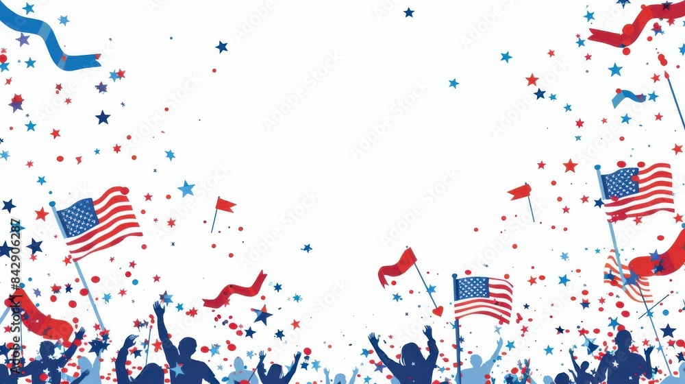 Obraz premium A vector image of an Independence Day parade with floats and people waving flags, set against a clean, white background with plenty of copy space