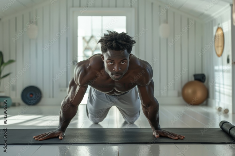 Fototapeta premium Man doing push-ups on a yoga mat in a bright room.
