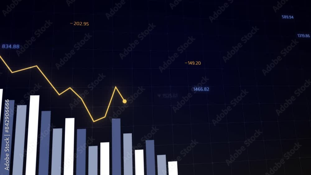 Dynamic animation of financial market trends with bar charts and arrows depicting profits and losses in cryptocurrency and trading. Dynamic animation of financial market trends with bar charts and arrows depicting profits and losses in cryptocurrency and trading.