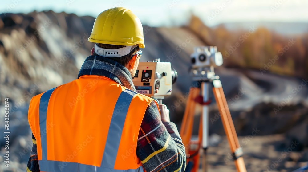 Engineer with a theodolite at a construction site, safety helmet and reflective vest, sunny weather, industrial backdrop, isolated, technical surveying, copy space