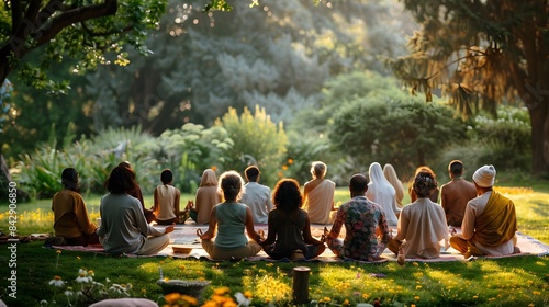 A diverse group of people meditating in a serene garden