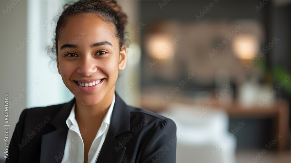 Confident young woman in a business suit, smiling broadly, contemporary office setting, natural light, isolated, optimistic and motivated, copy space