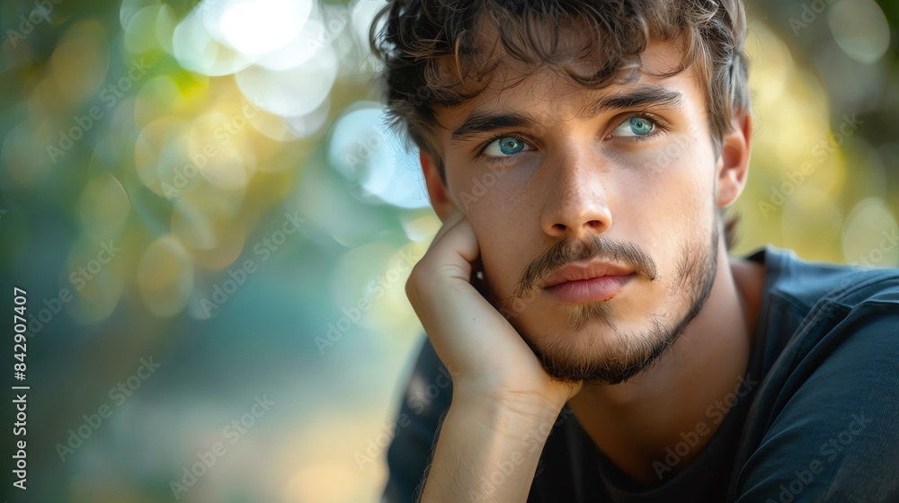 Young man with a thoughtful look, hand near face, bright natural background, isolated, serene and introspective, copy space Young man with a thoughtful look, hand near face, bright natural background, isolated, serene and introspective, copy space