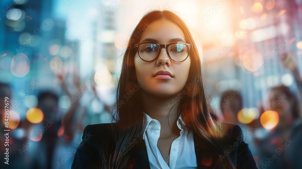 Thoughtful female professional with cheering team overlay, abstract urban setting, leadership and innovation, isolated, success and vision, copy space Thoughtful female professional with cheering team overlay, abstract urban setting, leadership and innovation, isolated, success and vision, copy space