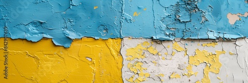 A simple painted wall with yellow and blue paint, showing signs of wear on the edges.