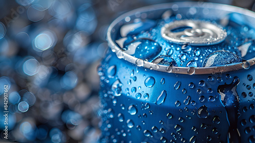 Closeup view of blue colour cans of fresh soda with water drops