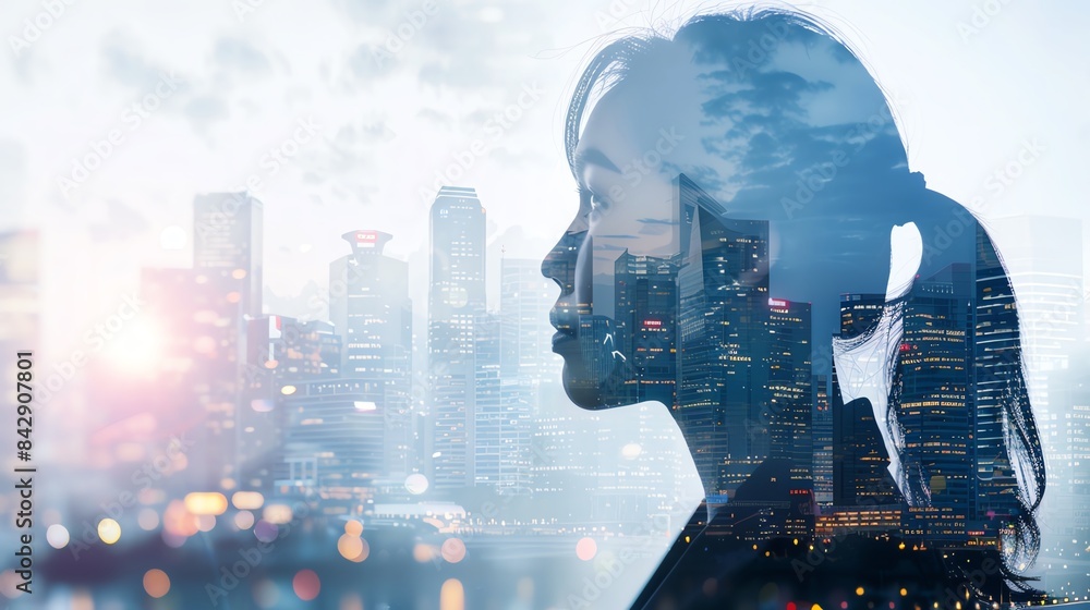 Double exposure of businesswoman and successful team, abstract urban background, innovation and achievement, isolated, strategic thinking, copy space Double exposure of businesswoman and successful team, abstract urban background, innovation and achievement, isolated, strategic thinking, copy space