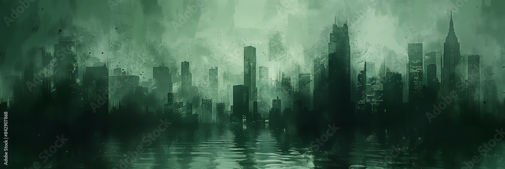 Abstract background with a city silhouette in green and gray tones, brush strokes and smudges, blurred effect. Abstract background with a city silhouette in green and gray tones, brush strokes and smudges, blurred effect.