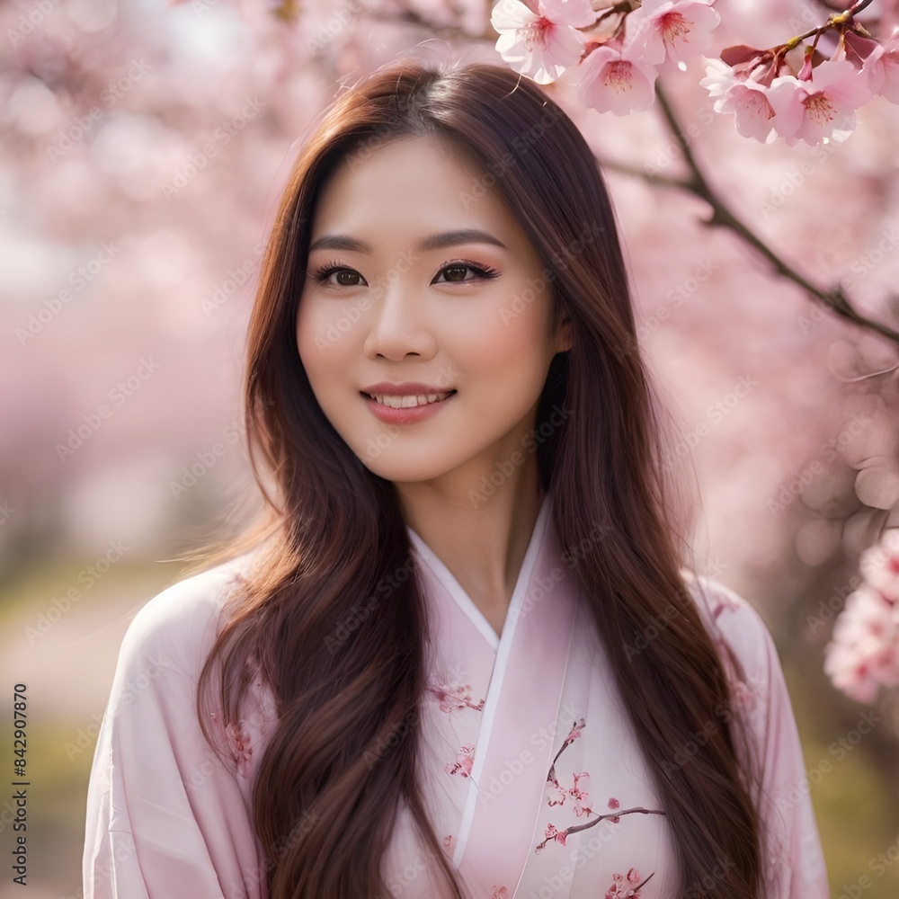 Pretty Asian beauty woman long hair with japanese makeup glowing face and healthy facial skin portrait smile on isolated cherry blossom background Pretty Asian beauty woman long hair with japanese makeup glowing face and healthy facial skin portrait smile on isolated cherry blossom background
