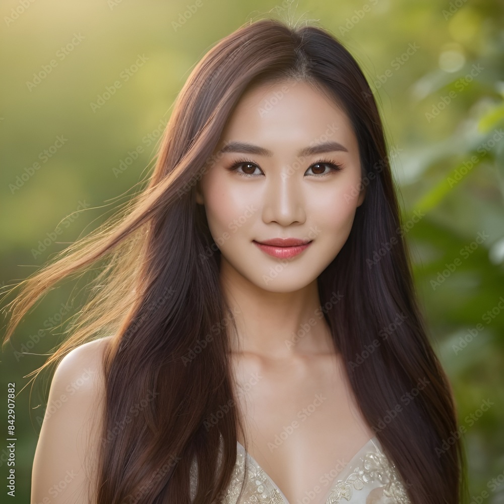 Pretty Asian beauty woman long hair with japanese makeup glowing face and healthy facial skin portrait smile on isolated nature background Pretty Asian beauty woman long hair with japanese makeup glowing face and healthy facial skin portrait smile on isolated nature background