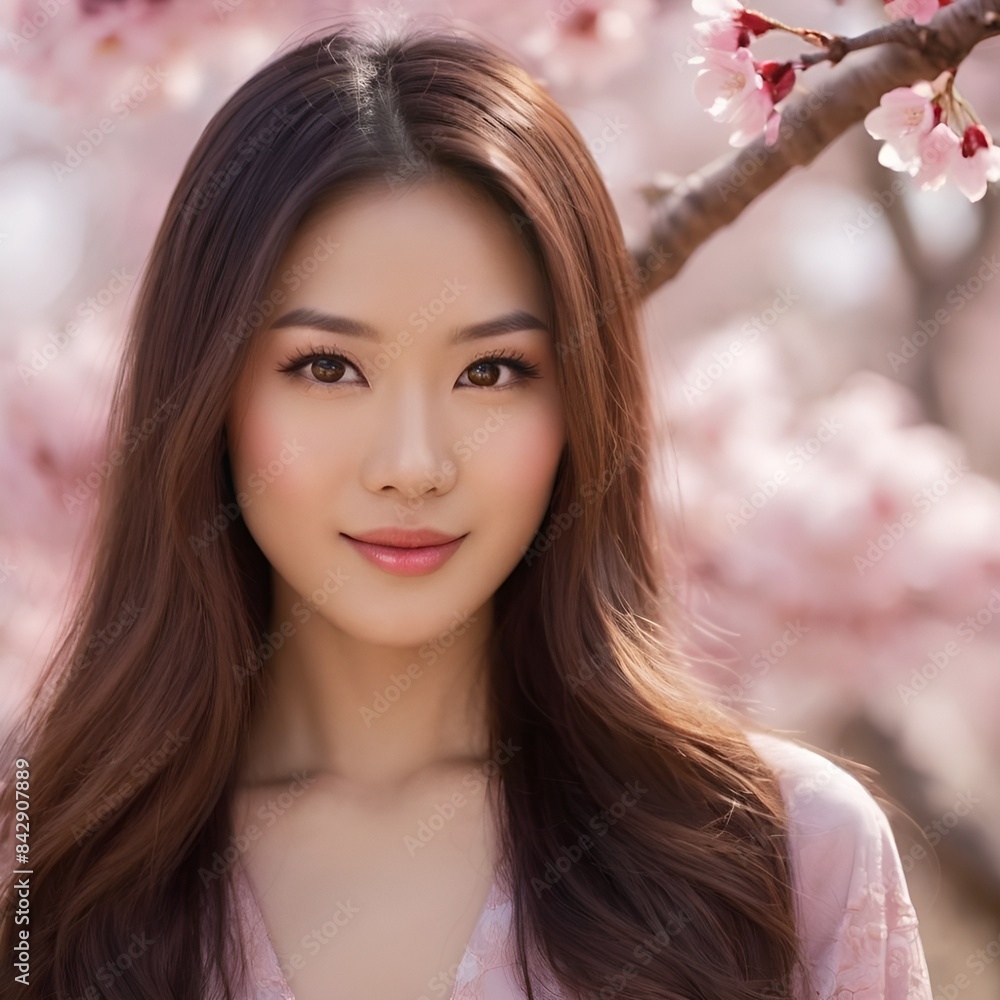Naklejka premium Pretty Asian beauty woman long hair with japanese makeup glowing face and healthy facial skin portrait smile on isolated cherry blossom background