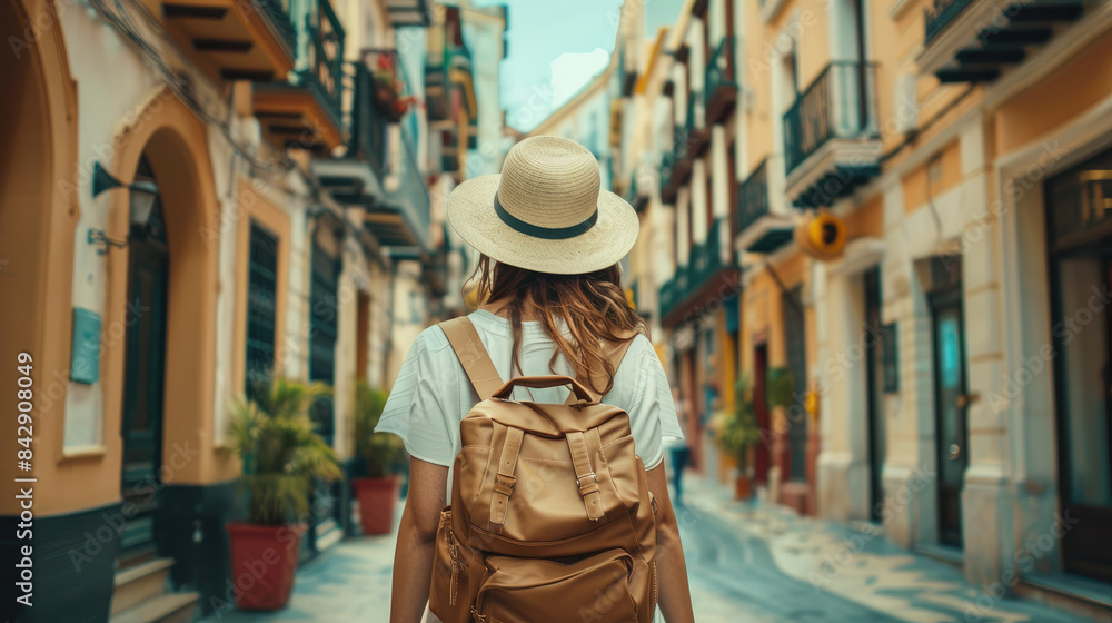 Backview of Tourist in Malaga, Spain - Hat and Backpack on Summer Day Backview of Tourist in Malaga, Spain - Hat and Backpack on Summer Day