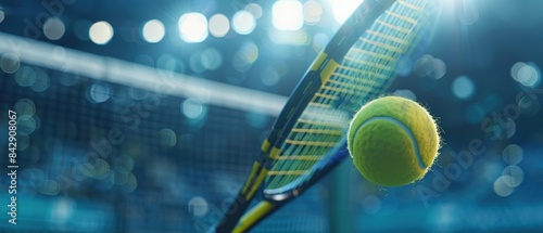 Close-up of a tennis racket hitting a tennis ball in action during a match under bright stadium lights. photo