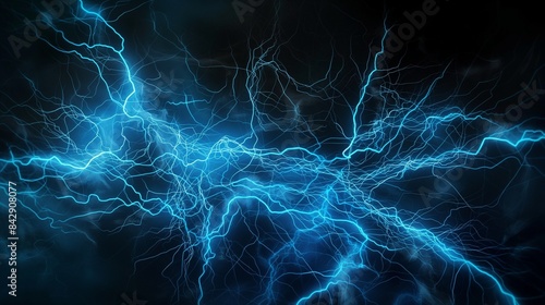 An image of chaotic blue lightning bolts branching out like a neural network, set against a dark, undefined space to emphasize complexity and energy.